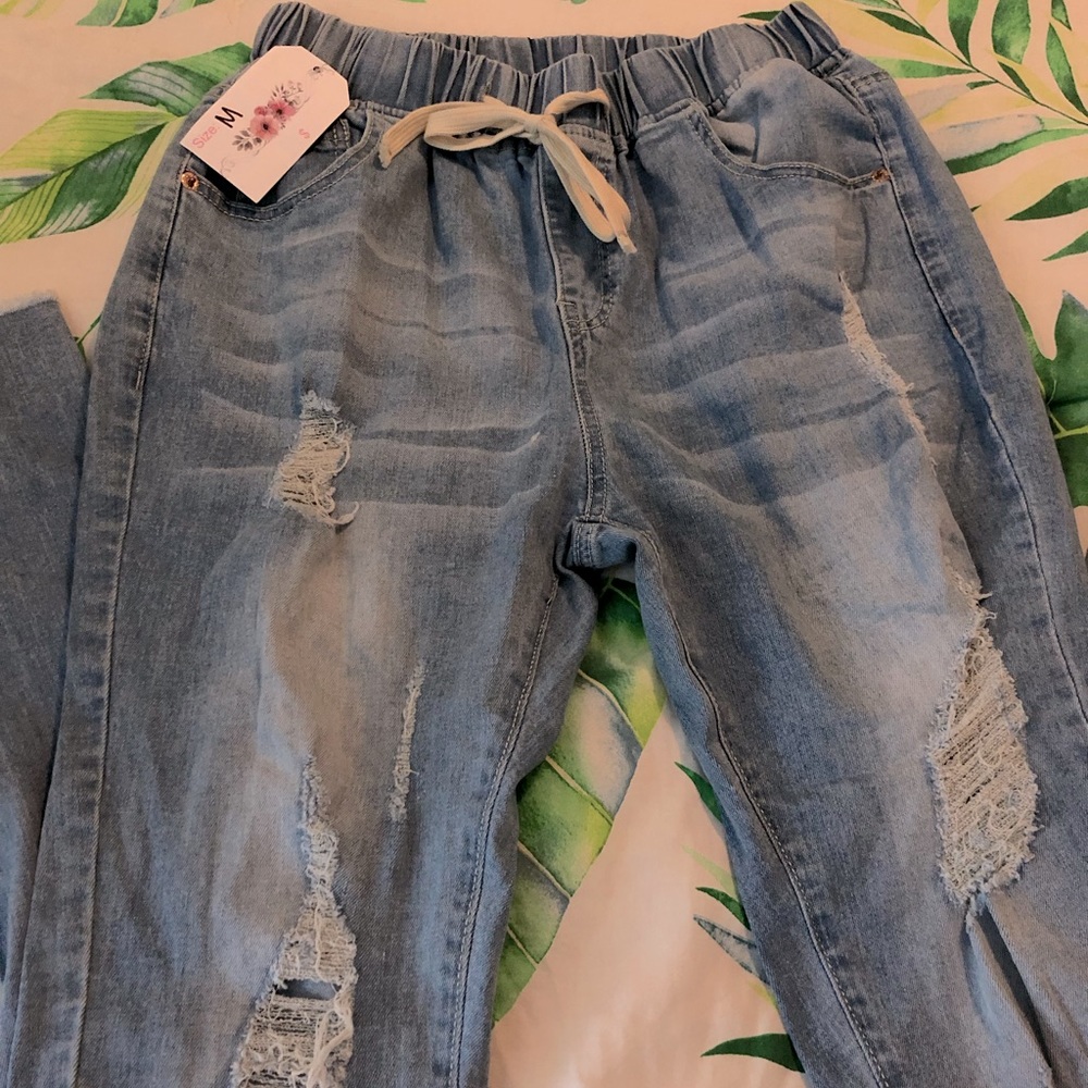 NWT Boutique Distressed Denim Joggers